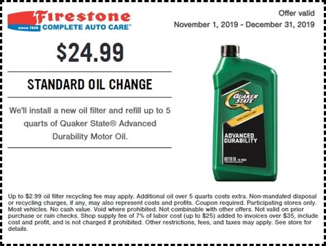 We offer oil changes at affordable prices with special discounts, seasonal offers, synthetic oil change coupons, and more. . Firestone coupons oil change